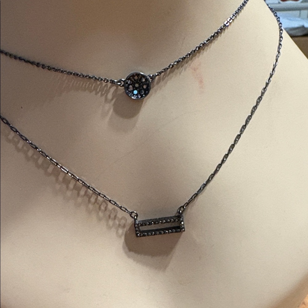 Black Double-Layer Crystal Bar & Disc Necklace